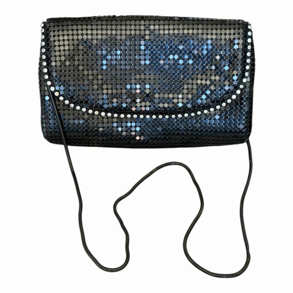 Vintage Black Metal Mesh Evening Bag Rhinestone Trim Clutch Crossbody Disco Glam